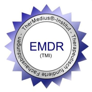 EMDR Logo des TherMedius®-Instituts für EMDR-Therapie mit blauer und silberner Umrandung.
